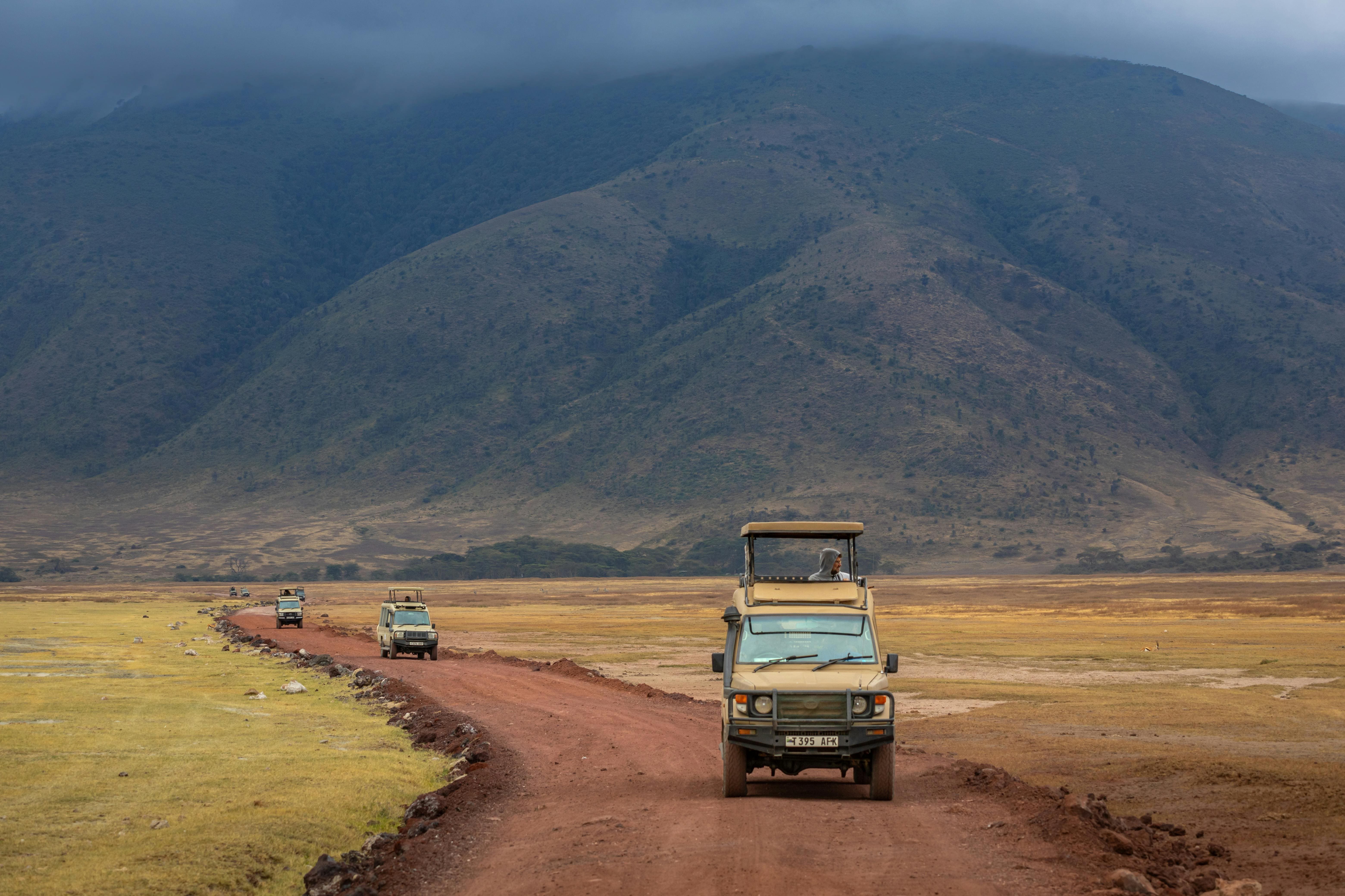 Safari cruisers inside the Ngorongoro Crater