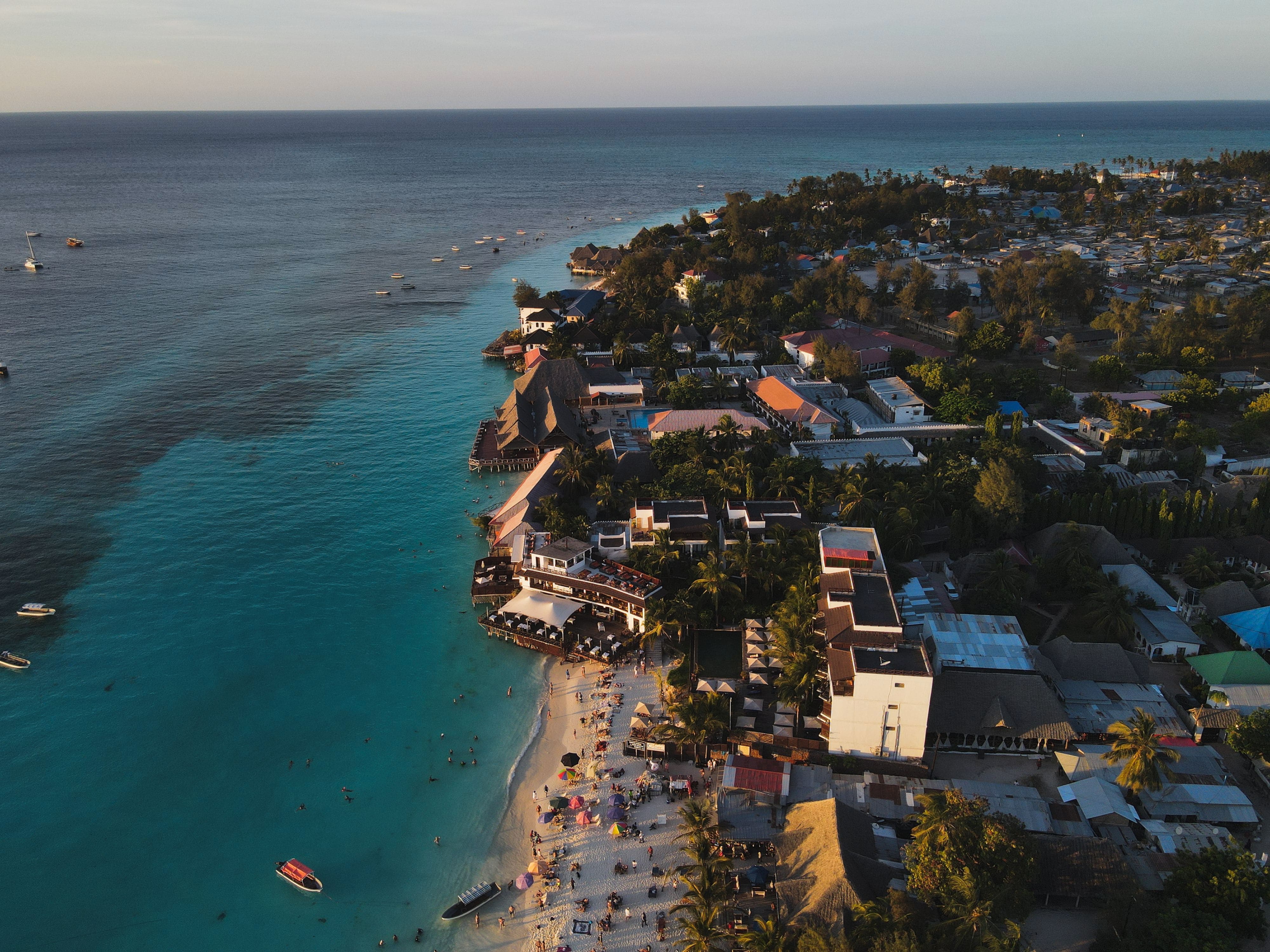 Aerial view of the Nungwi Beach and it's attractive resorts and turquoise water